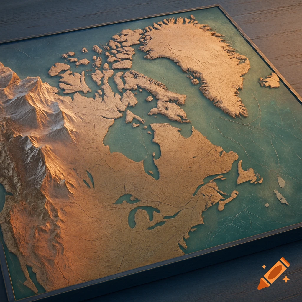 A textured relief map of North America, Canada, and Greenland with golden-brown land and teal water.