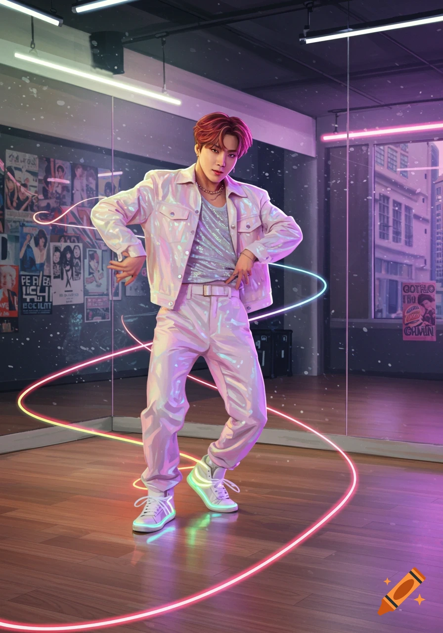 A male K-pop idol trainee in a shiny pink outfit poses in a neon-lit dance studio with mirrors and posters.