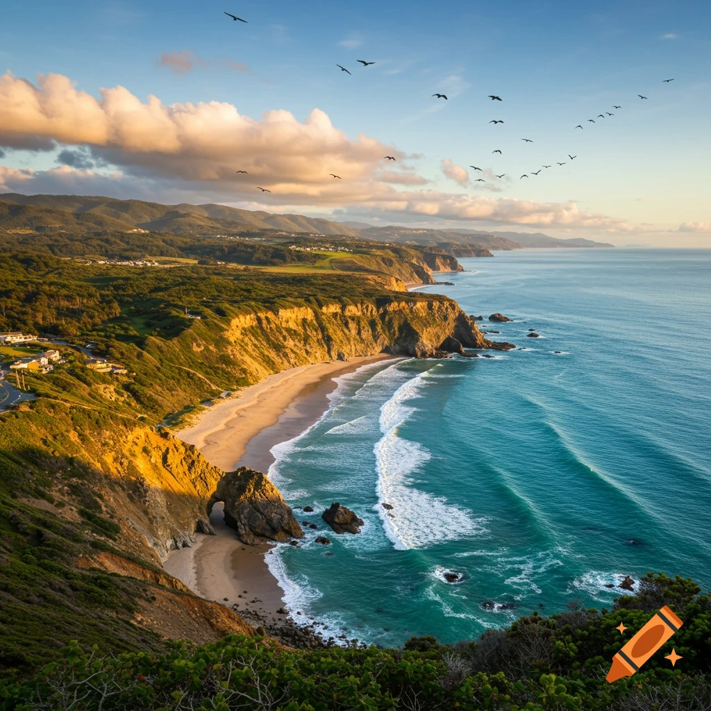 An aerial view of a stunning coastal landscape with golden cliffs, a sandy beach, turquoise ocean waves, and a natural rock arch.