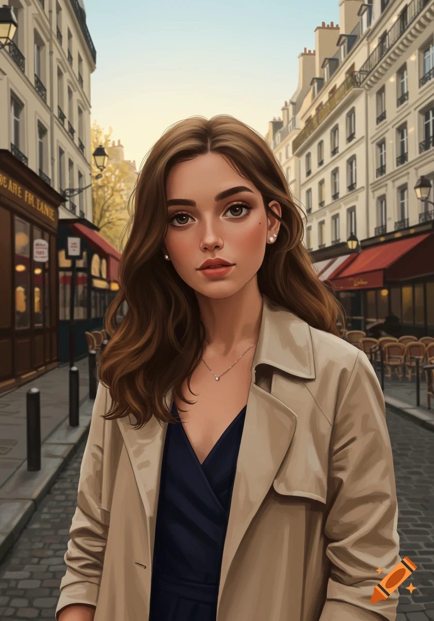 An illustration of a young woman with long brown hair in a trench coat ...