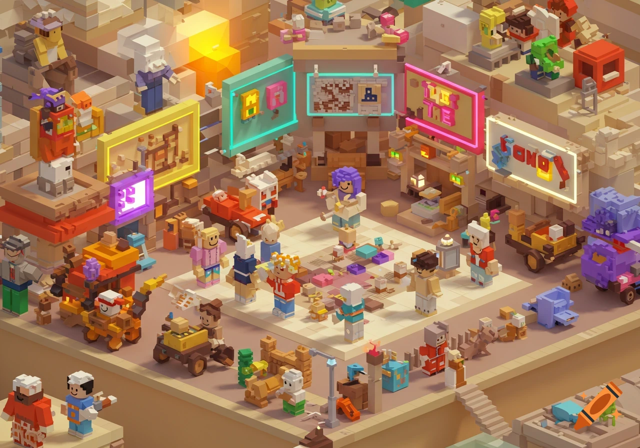 Isometric voxel art scene depicting a busy marketplace with many blocky characters, shops, and vehicles.