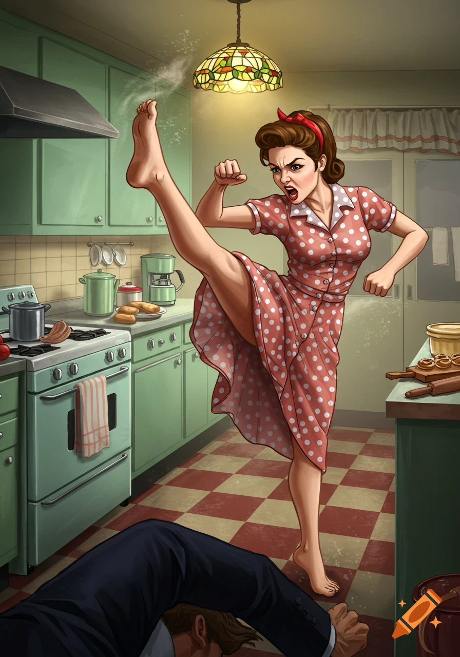 A fierce 1950s housewife in a red polka-dot dress delivers a high kick to an intruder in a vintage green kitchen, illustration.