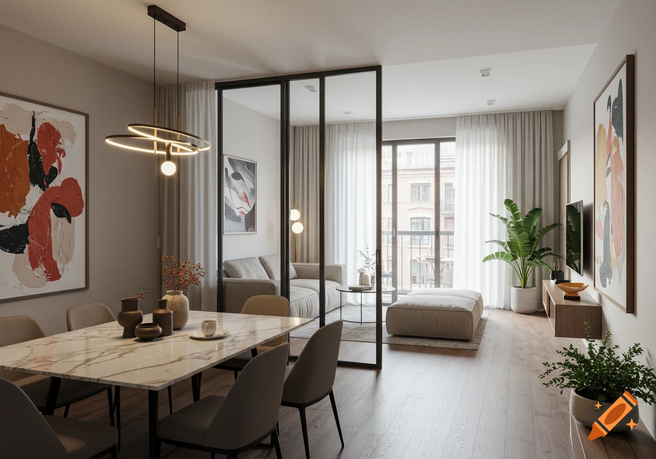 Modern open-plan apartment with a dining area and living room featuring ...