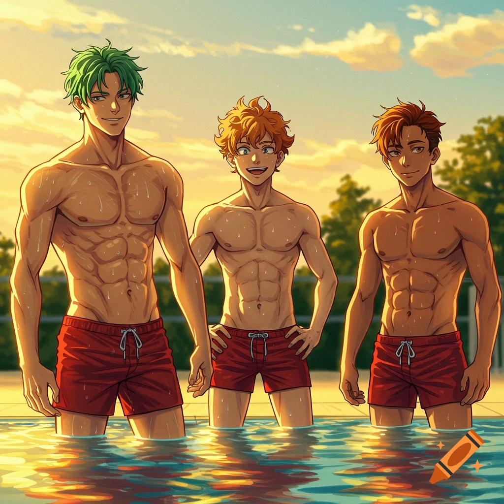 Three muscular anime-style men, shirtless in red swim trunks, stand in a pool at sunset, with golden light reflecting on the water.