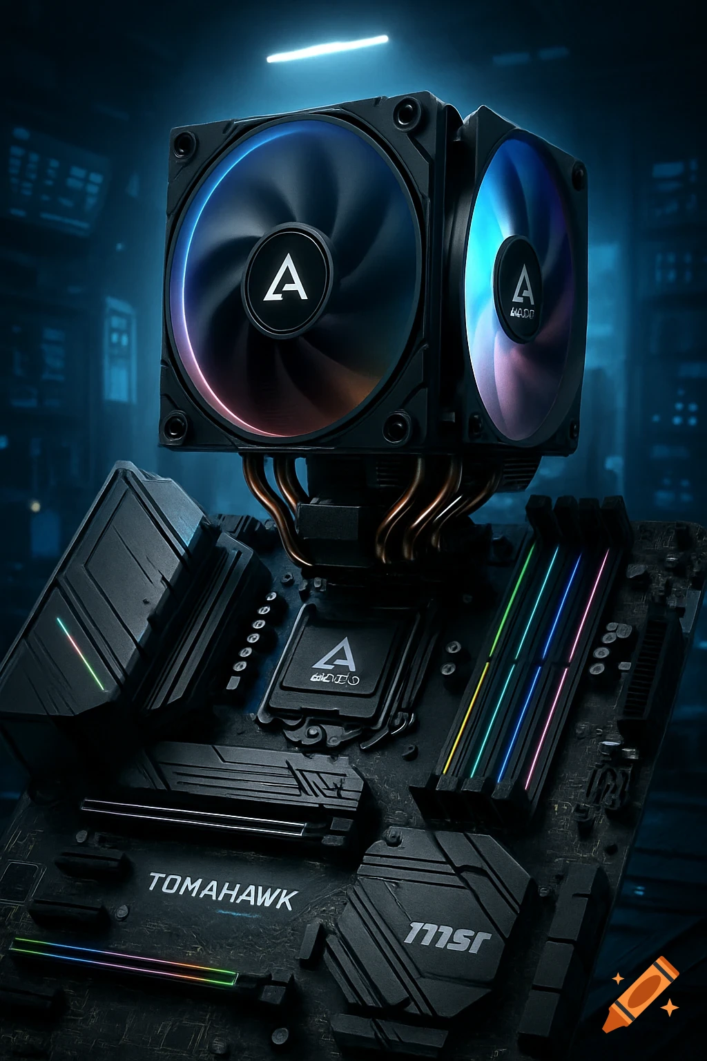 A close-up shot of a dark computer motherboard with a CPU cooler featuring two RGB fans and multiple light-up RAM sticks, against a dark blue background.