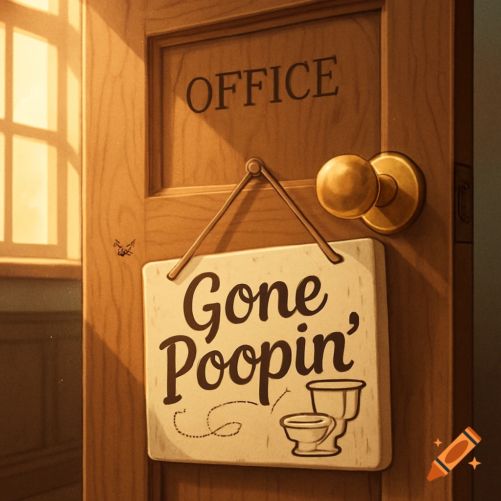 A humorous 'Gone Poopin'' sign with a toilet icon hangs on a brown wooden office door with 'OFFICE' text, bathed in warm light.