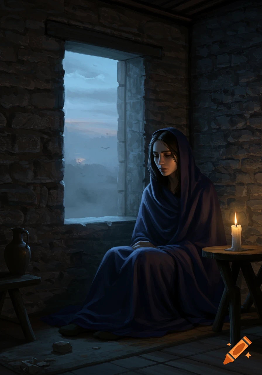 Somber woman in a blue cloak sits by a stone window in a dim room, lit by a candle, in a realistic, moody style.