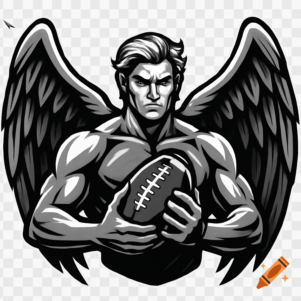 A stylized black and white graphic logo of a muscular, winged angel holding a football, looking intimidating.