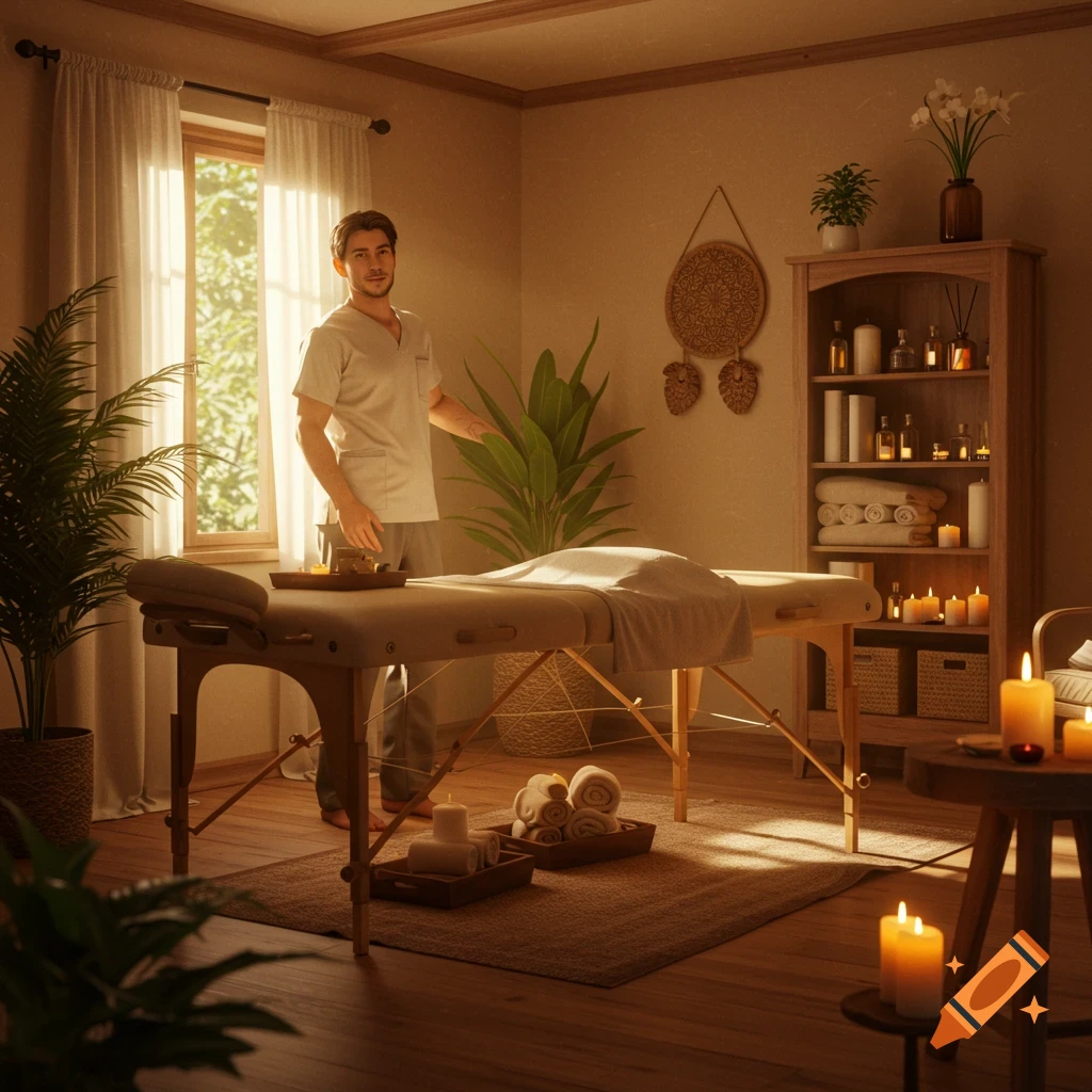 Photorealistic male masseur stands next to a massage table in a warmly lit, plant-filled holistic room with candles.