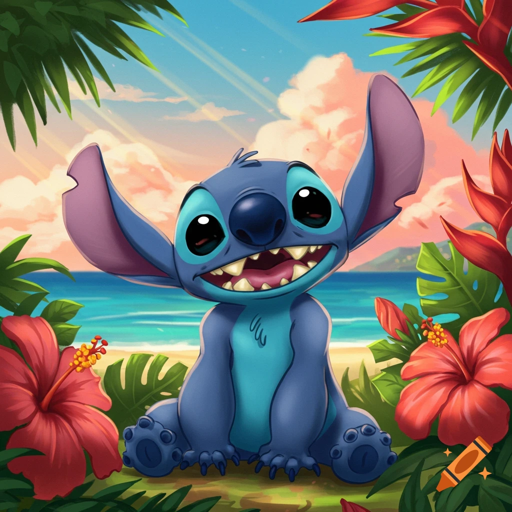 A cheerful Stitch sits on a sandy beach, framed by tropical flowers and palm leaves, with an ocean and sky background.