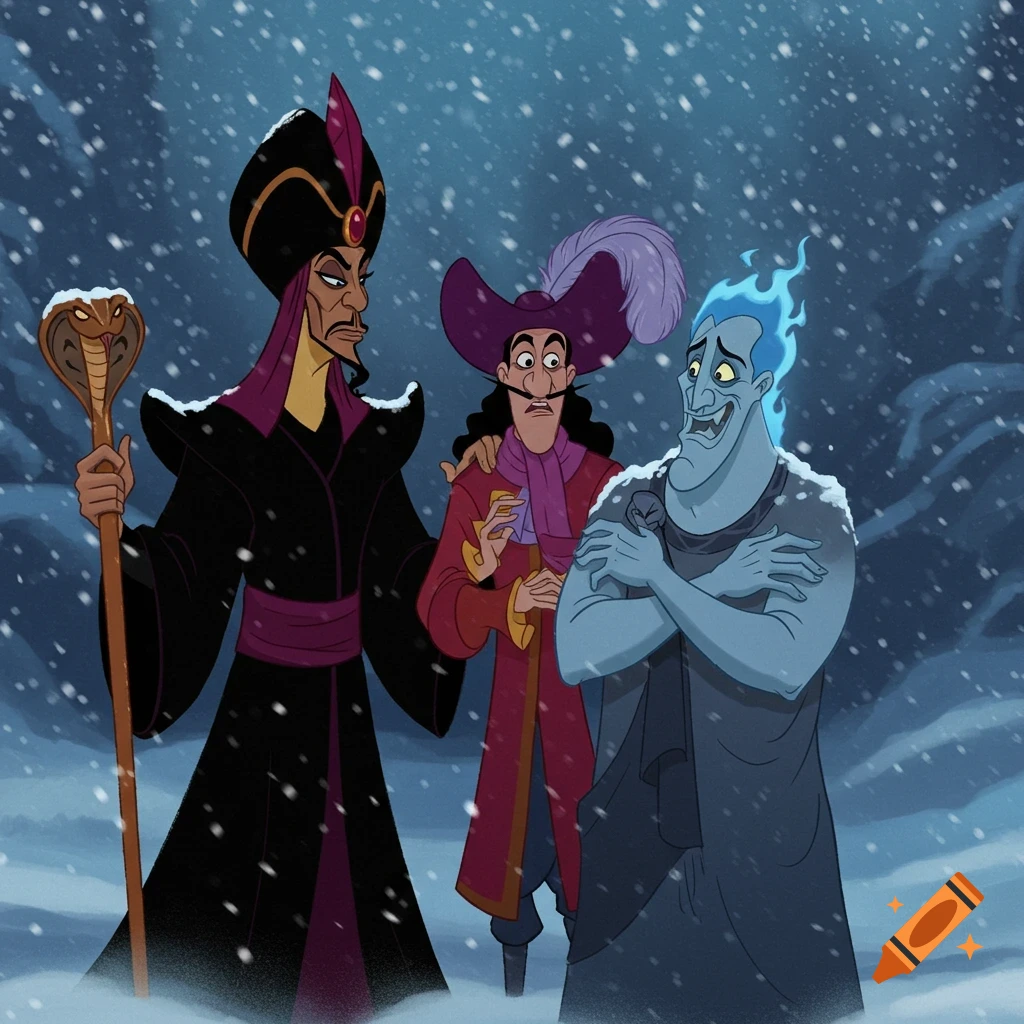 Jafar, Captain Hook, and Hades look cold and concerned in a cartoon snowy landscape.