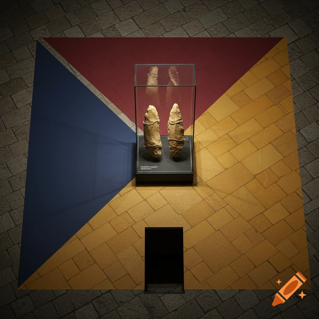 An overhead view of a museum display with two prehistoric stone tools in a glass case, sitting on a floor divided into blue, red, and yellow geometric sections. A dark rectangular doorway is visible below.