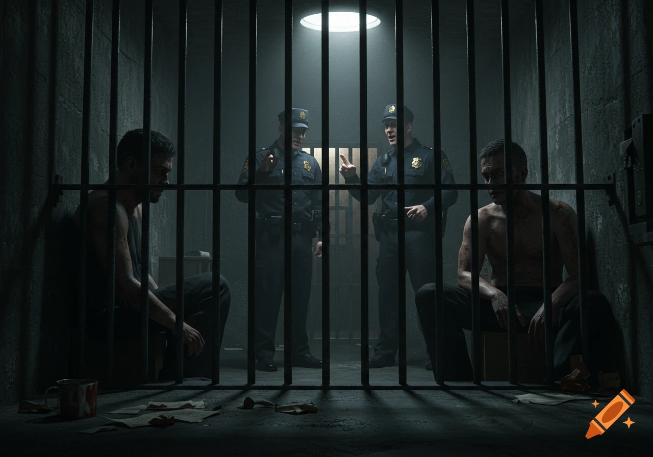 Two police officers stand outside a dimly lit prison cell, observing two shirtless prisoners inside.