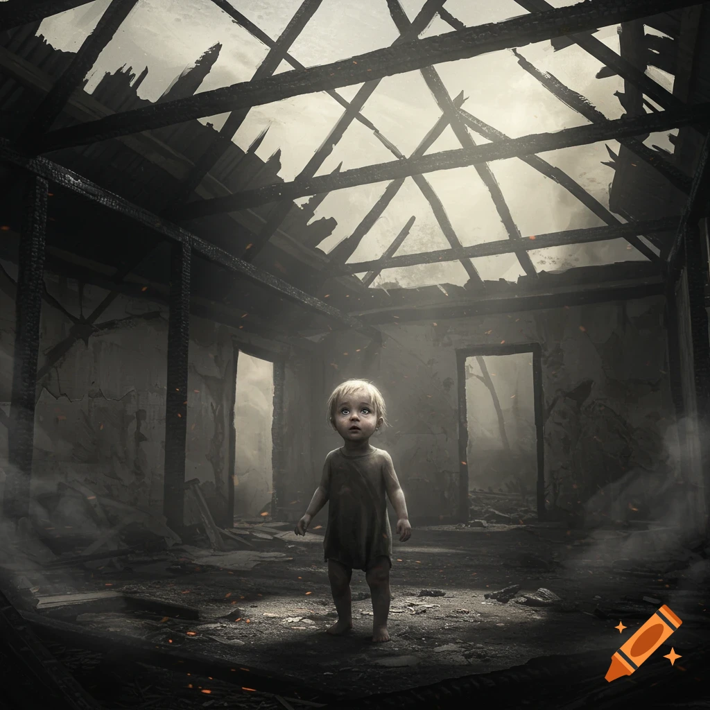 A small child stands somberly in a smoky, dark, burnt-out building with a destroyed roof and glowing embers.