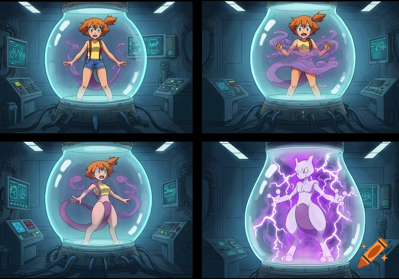 A four-panel comic shows Misty from Pokemon transforming into Mewtwo inside a glass containment unit in a sci-fi laboratory.