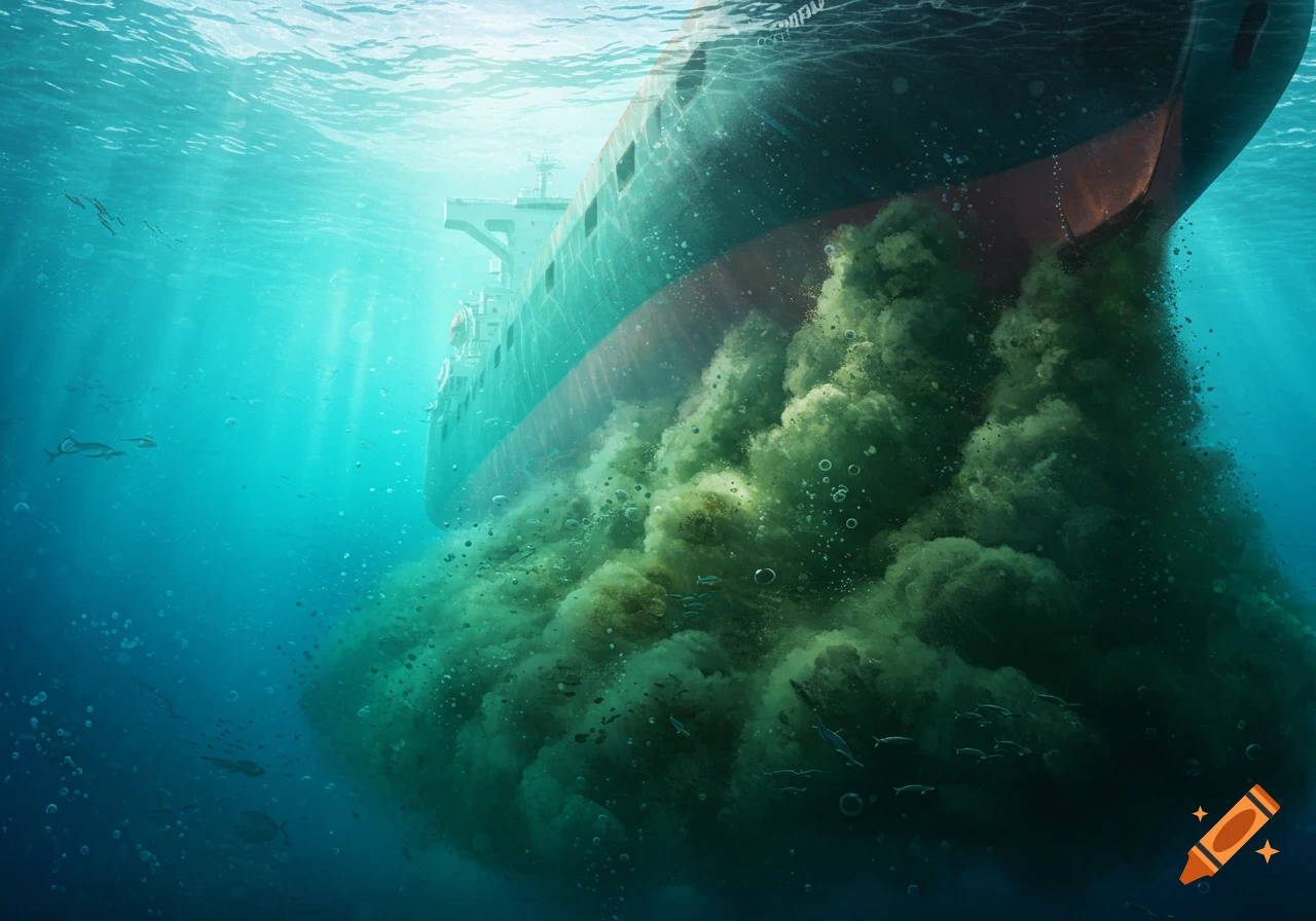 A photorealistic view of a large commercial ship from below the water, with green and brown particles churning from its hull.