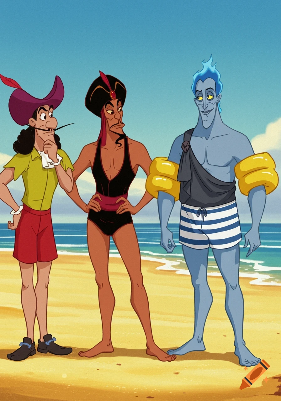 Cartoon depiction of Captain Hook, Jafar, and Hades on a sunny beach. Hook is in a green shirt and red shorts, Jafar in a black swimsuit, and Hades in striped trunks with armbands.
