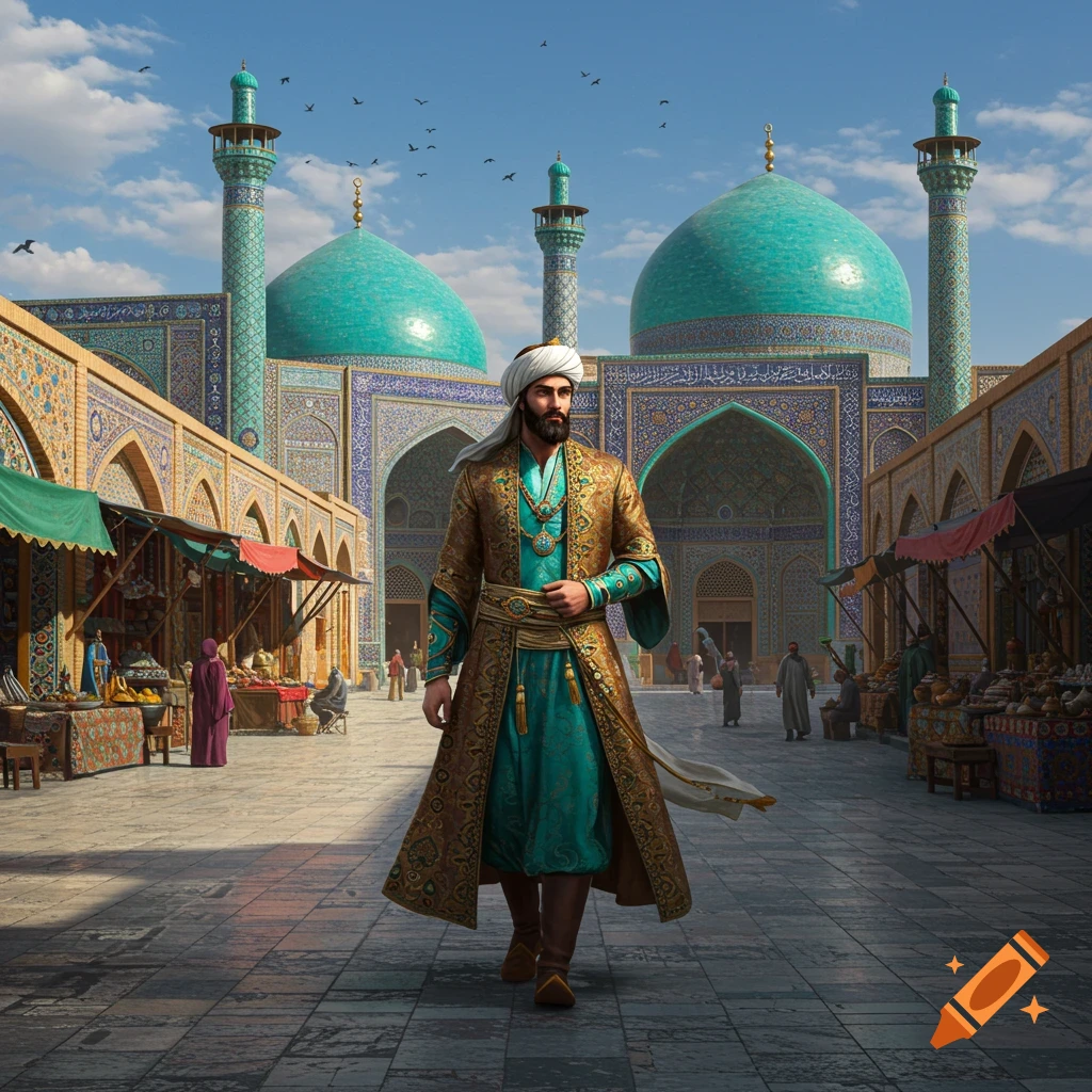 A man in ornate gold and turquoise traditional attire walks through a Middle Eastern market with grand mosques in the background.