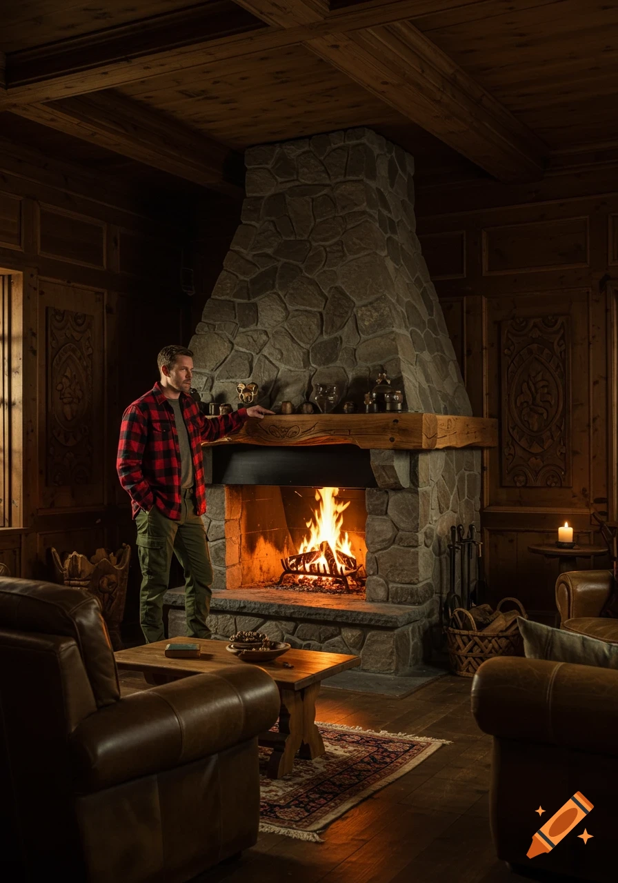 A man in a red plaid shirt and green pants stands by a large stone fireplace in a rustic, wood-paneled cabin.