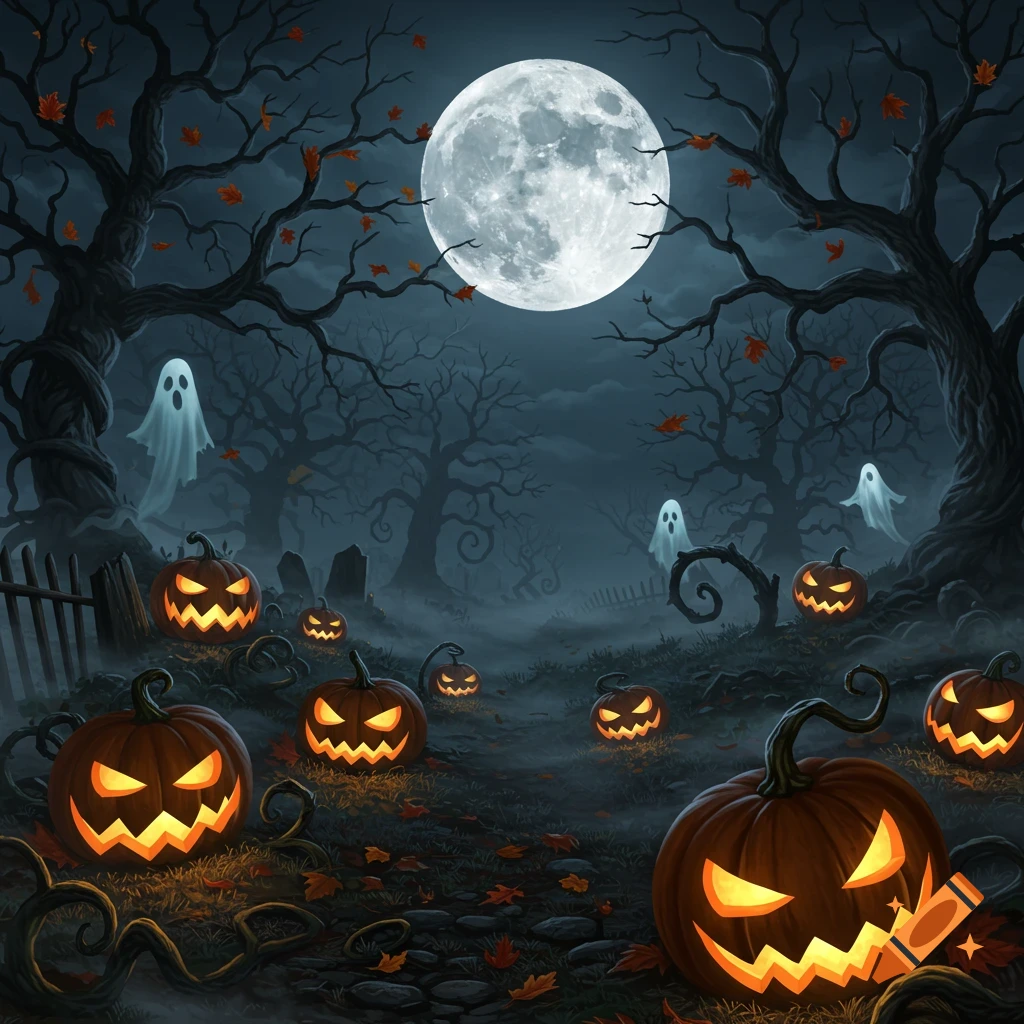 A spooky Halloween night scene with a full moon, glowing jack-o'-lanterns, floating ghosts, and bare trees.