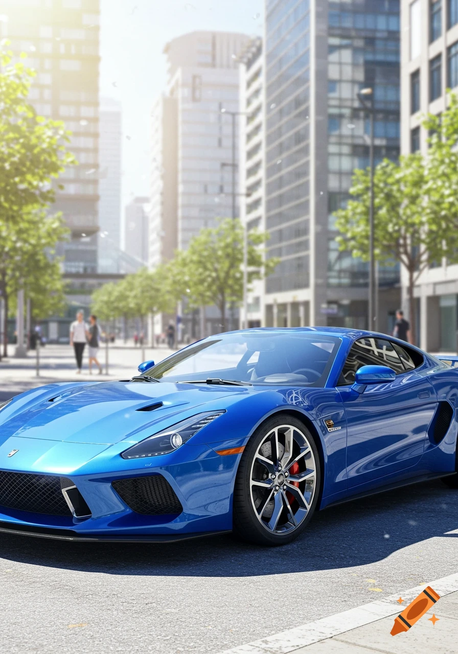 A sleek blue sports car parked on a city street with tall buildings and trees in the background.