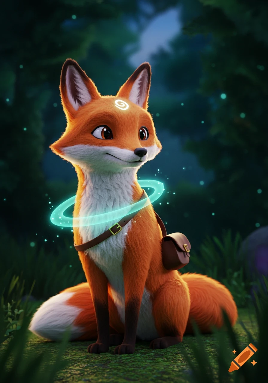 A cute, stylized orange and white fox with big eyes, a glowing turquoise ring, and a small backpack sits in a dark forest.