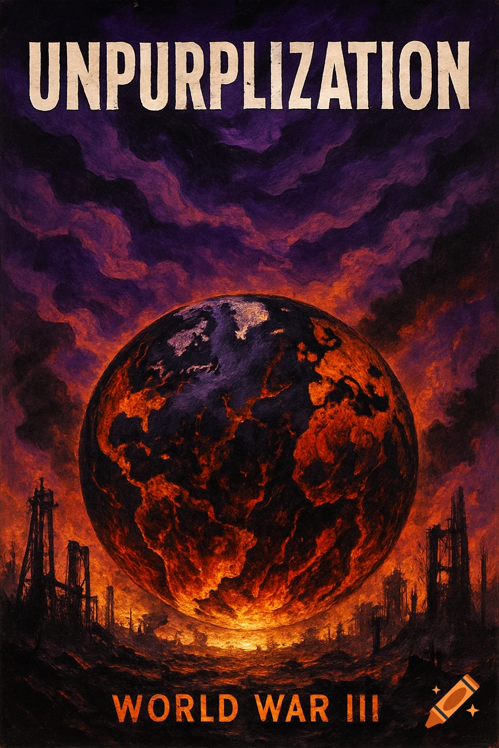 Apocalyptic book cover titled "UNPURPLIZATION" featuring a fiery Earth and ruined cityscape under a stormy purple sky, with "WORLD WAR III".