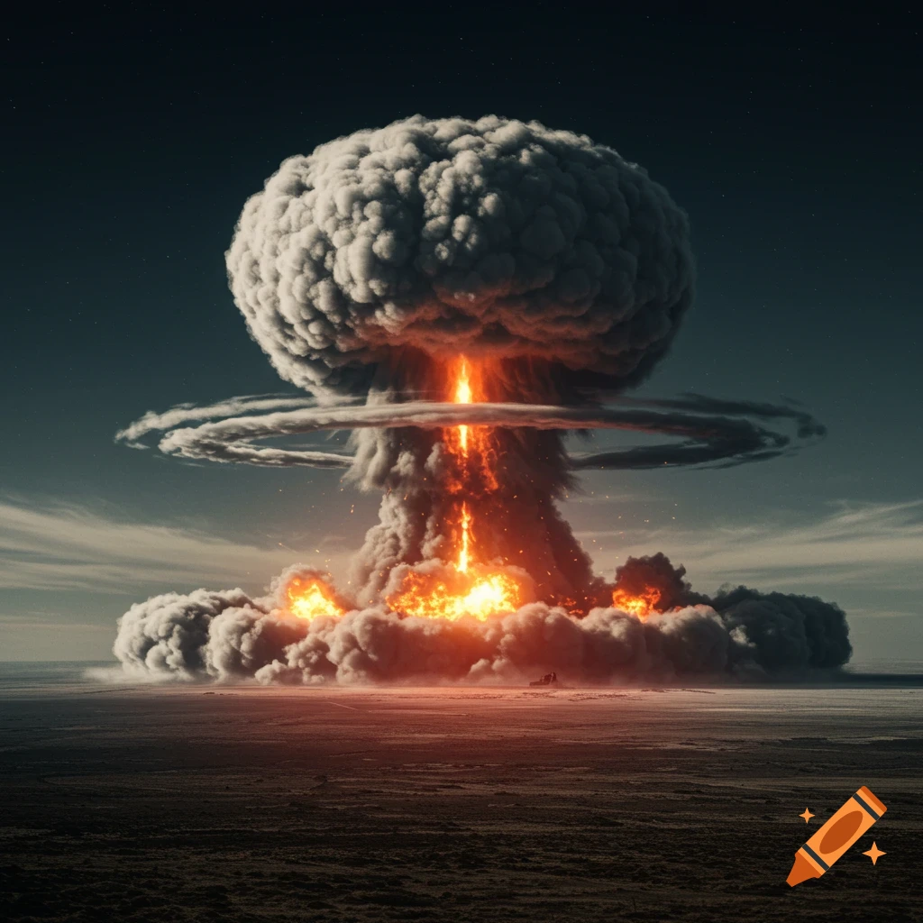 A photorealistic image of a massive nuclear mushroom cloud rising from a fiery explosion over a desolate landscape.