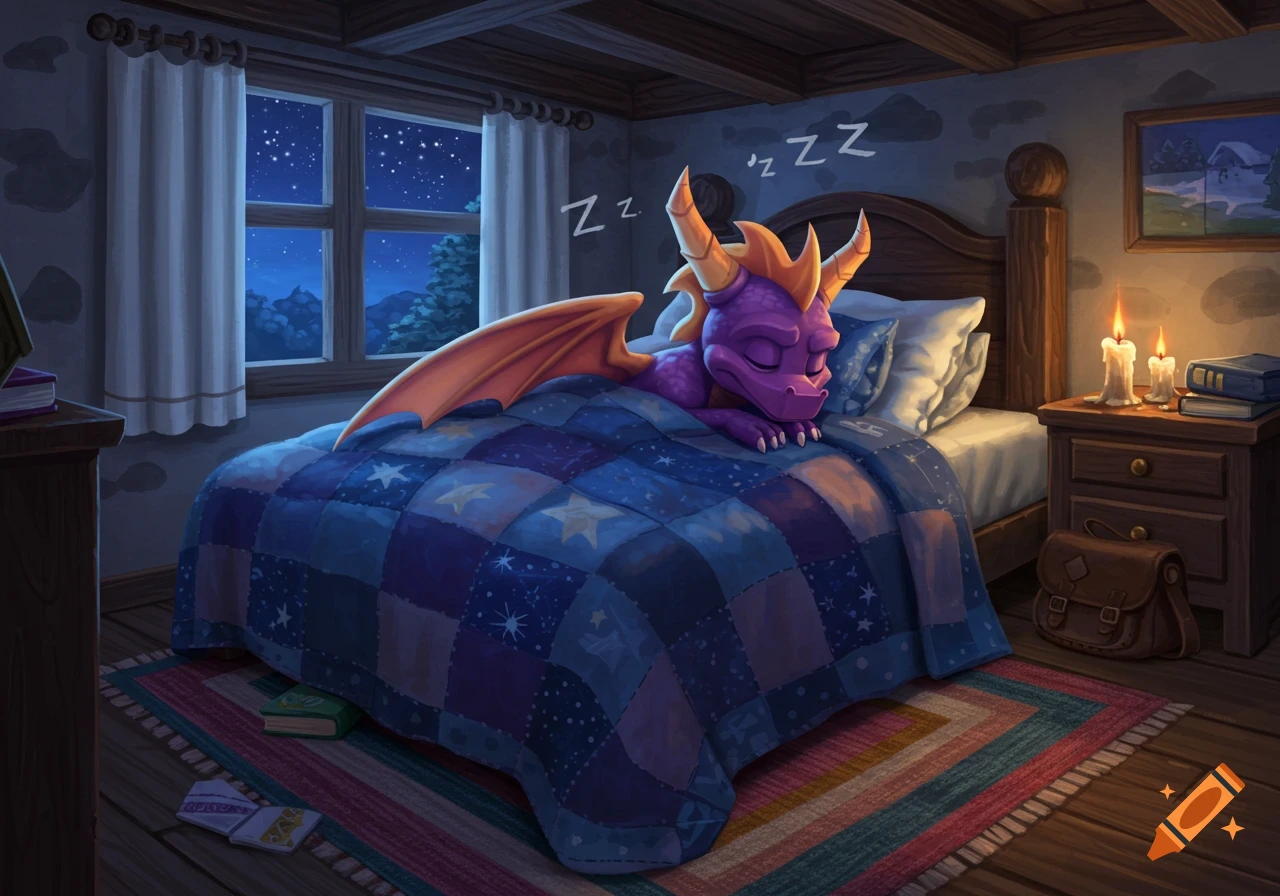 A cute purple dragon, Spyro, sleeps peacefully in a cozy bed under a starry blue quilt, with 'zzz' symbols floating above him. Moonlight streams through a window into the rustic room.