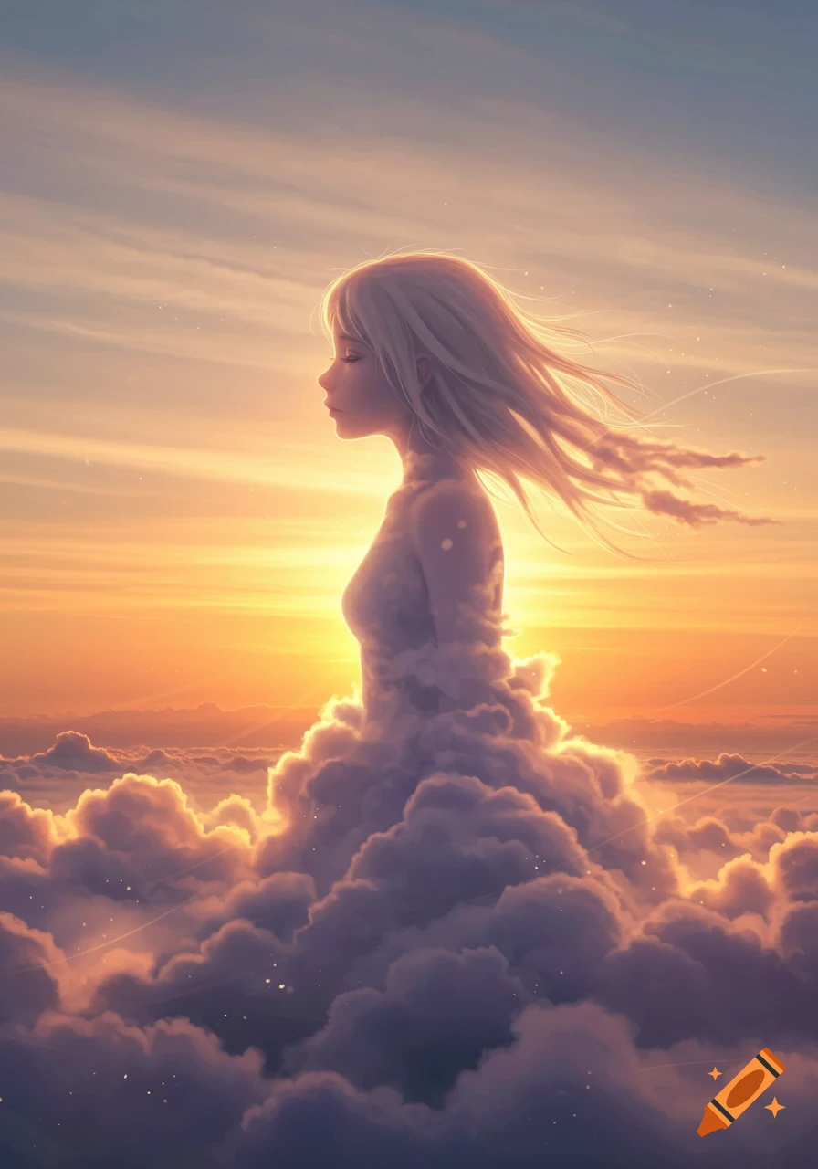 Ethereal digital art of a cloud girl with white hair, standing among clouds at sunset.