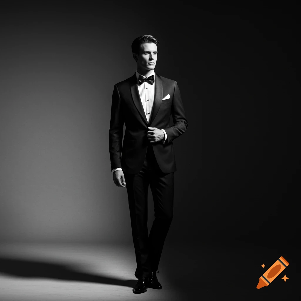Black and white studio portrait of a man in a formal tuxedo and bow tie, looking elegantly to the right.
