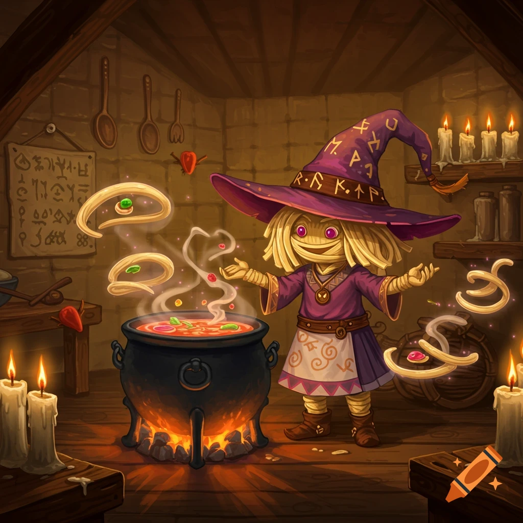 A cute cartoon noodle warlock in a purple hat and dress cooks glowing soup in a cauldron, surrounded by magic and candles in a cozy attic.