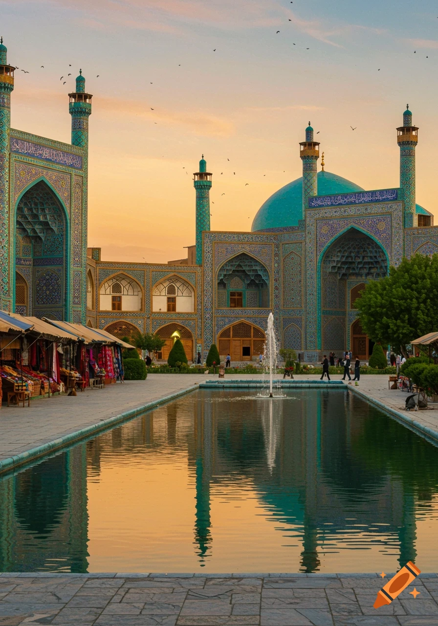 A majestic mosque with a teal dome and minarets, featuring intricate blue and white tilework, reflected in a long pool at sunset. A marketplace lines one side.