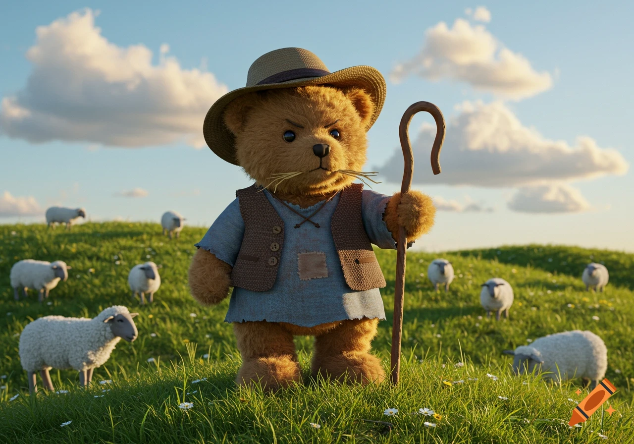 A serious teddy bear shepherd in a hat and vest holds a crook, standing in a green field with sheep under a blue sky.