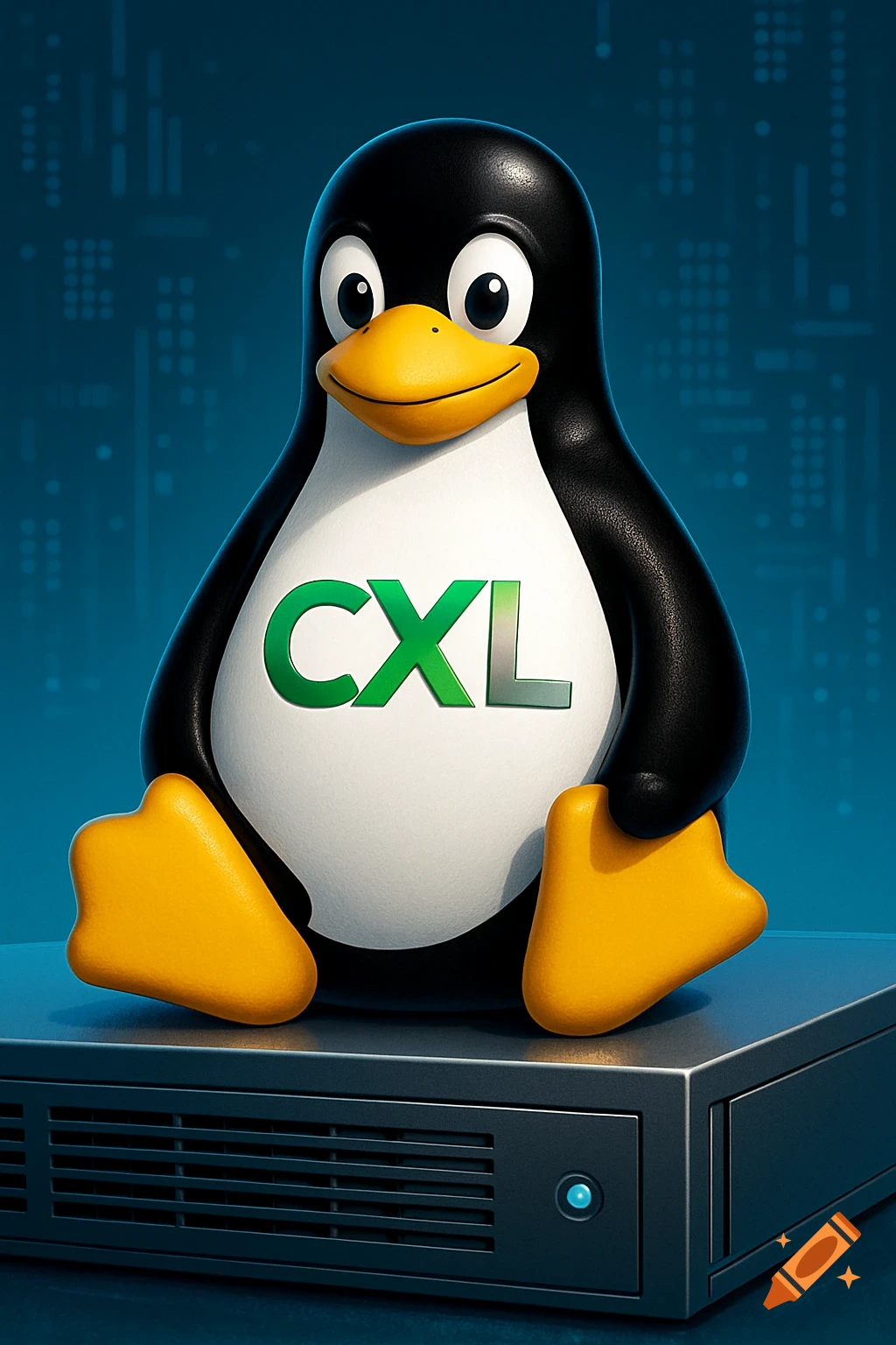 A 3D rendered cartoon Linux penguin with the green CXL logo on its ...