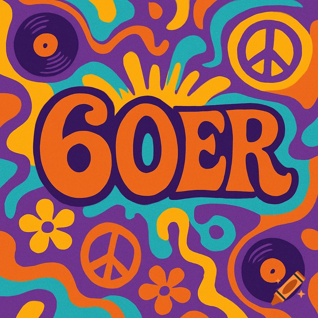A vibrant, groovy 1960s-style graphic with large orange text "60ER" surrounded by peace signs, records, and flowers on a colorful background.