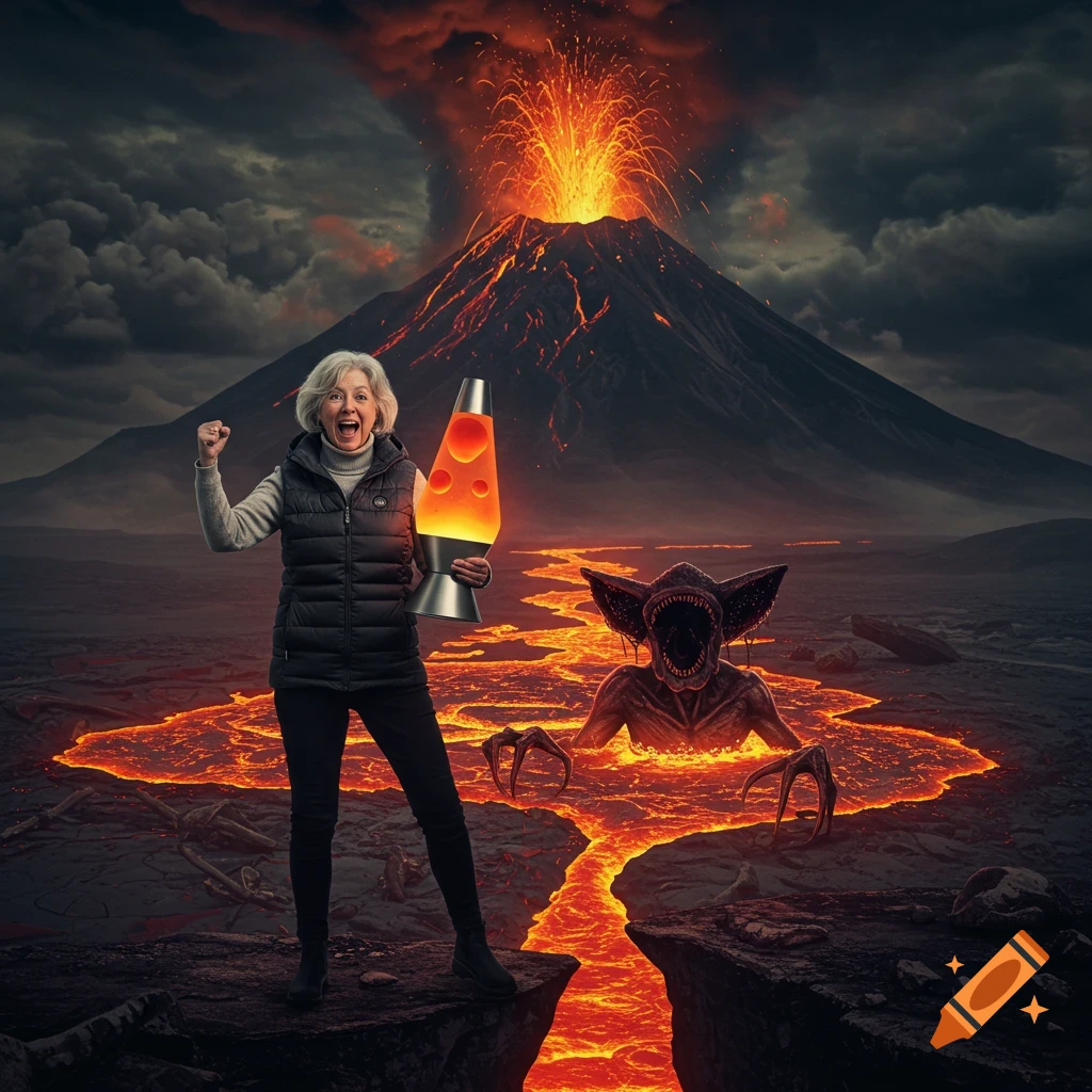 An older woman cheers, holding a lava lamp, in front of an erupting volcano and a Demogorgon emerging from lava.