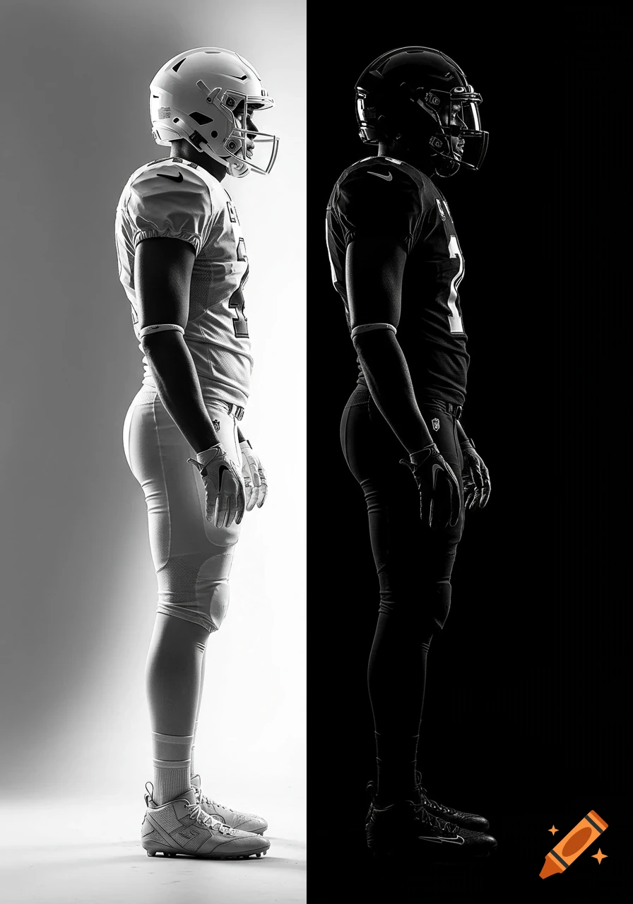 Monochromatic side profile of two football players, one in white on a white background and one in black on a black background.