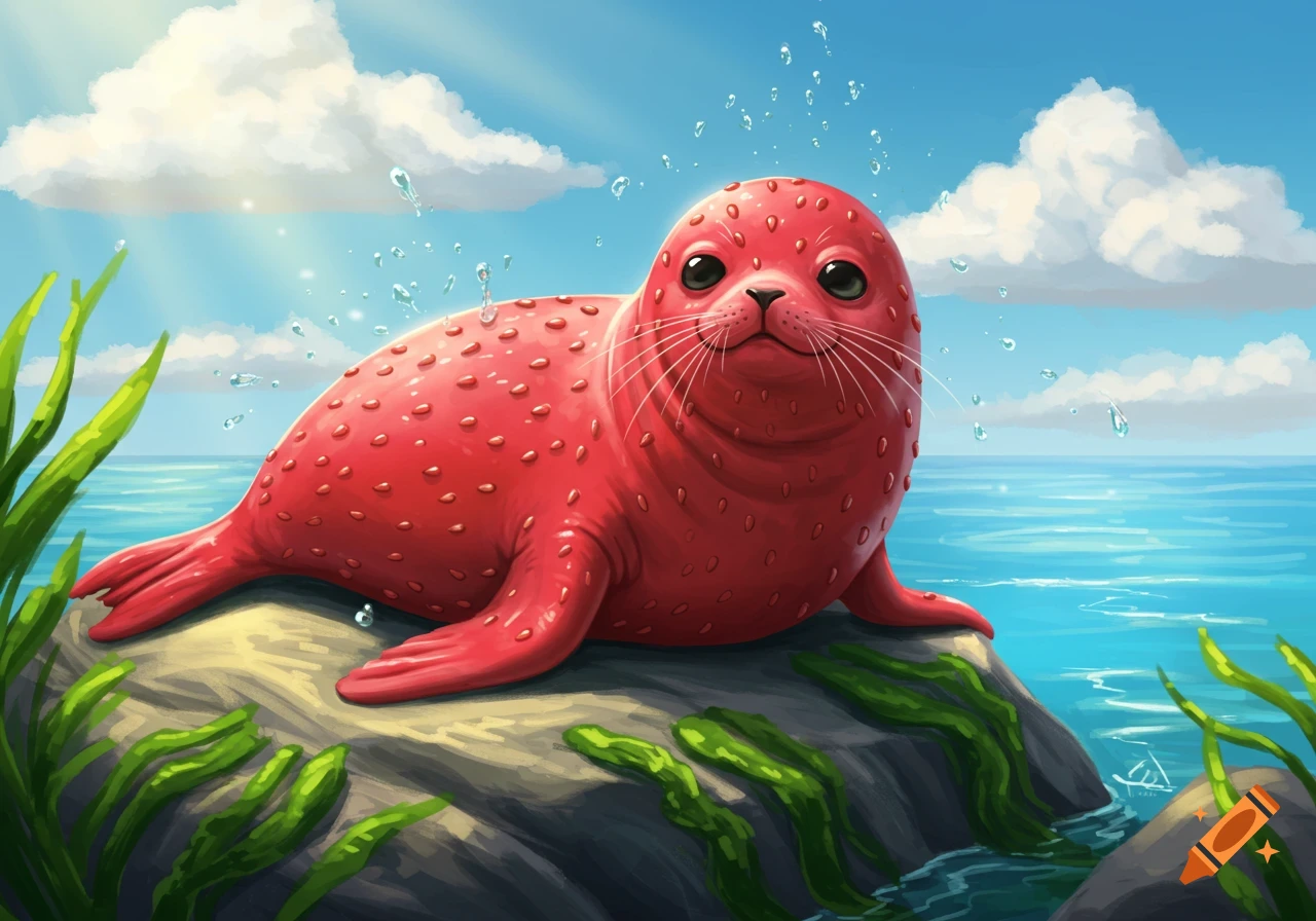 An illustration of a cute, red, strawberry-textured seal sitting on a rock by the ocean with water splashing.