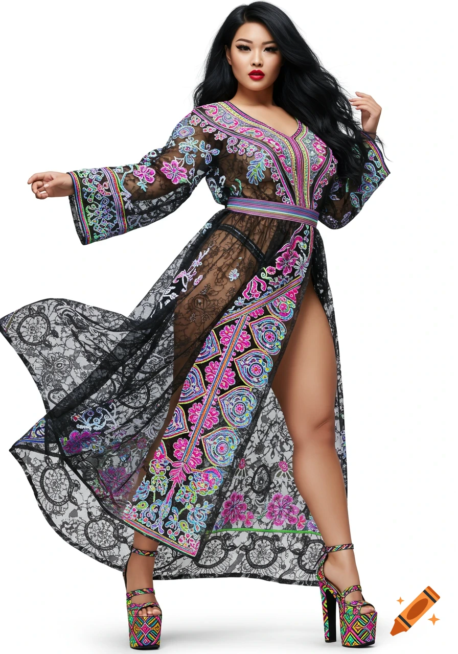 A voluptuous Asian woman in a sheer, embroidered black and neon Hmong-inspired gown and matching platform heels, posing on a white background.