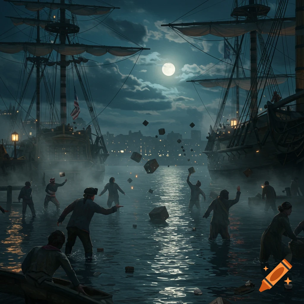A historical scene at night with people throwing tea crates from sailing ships into a dark harbor under a full moon.