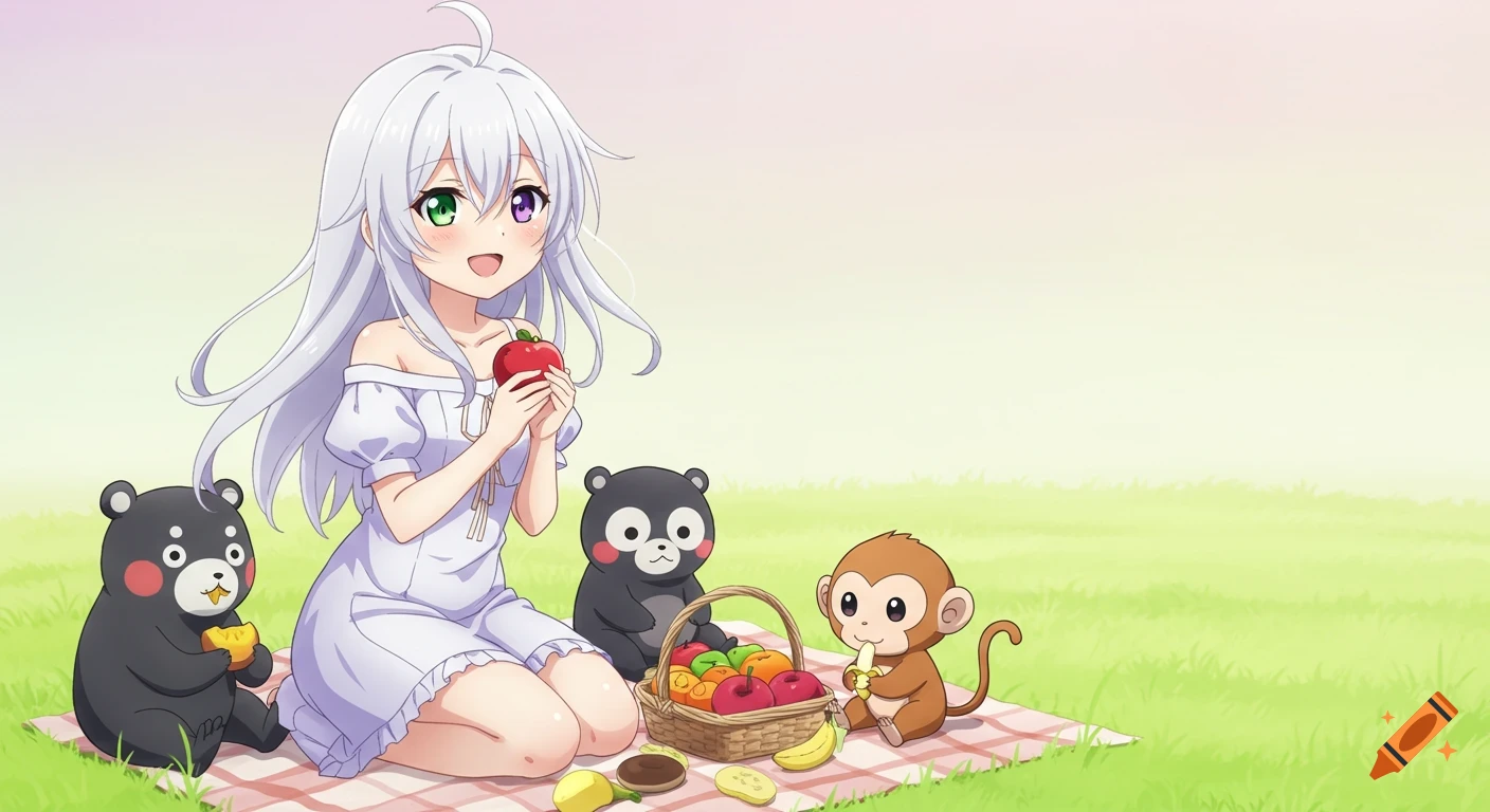 A white-haired anime girl with heterochromia picnics with two chibi bears and a monkey on a grassy field.