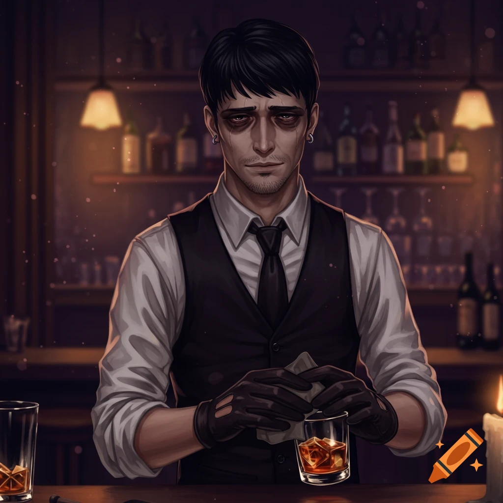 A tired-looking male bartender with dark hair and a vest polishes a glass of whiskey in a dimly lit, anime-style bar.