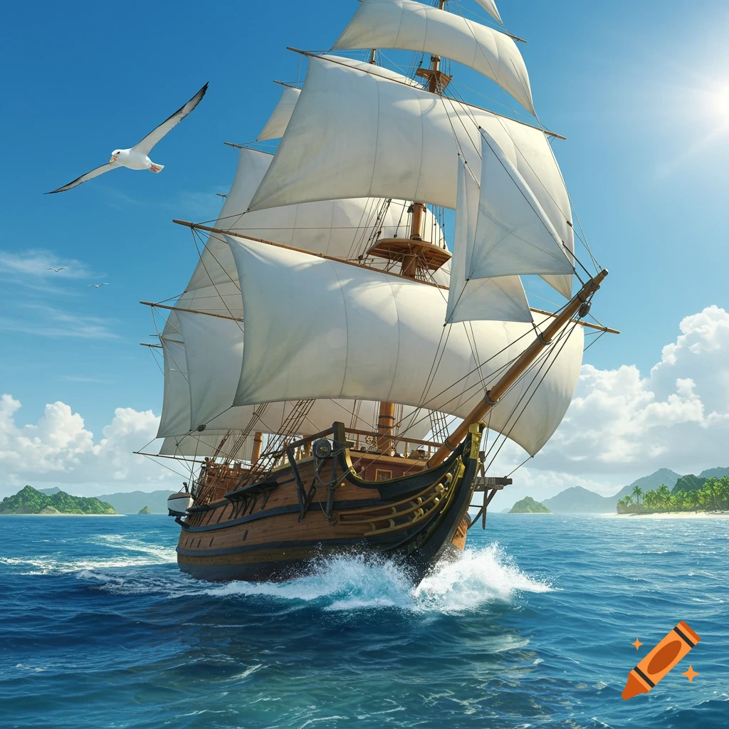 A large sailing ship with white sails cuts through blue ocean water near tropical islands under a bright sky, with a seagull flying overhead.