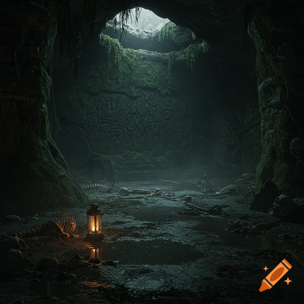 A dark, atmospheric cave with mossy walls, ancient symbols, scattered skeletons, and a single lantern reflecting in murky puddles, creating a scene of eerie suspense.