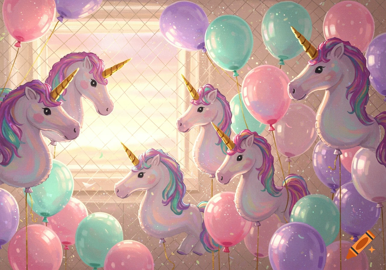 Whimsical illustration of numerous pink, purple, and mint green unicorn and round balloons against a bright, sunny window.