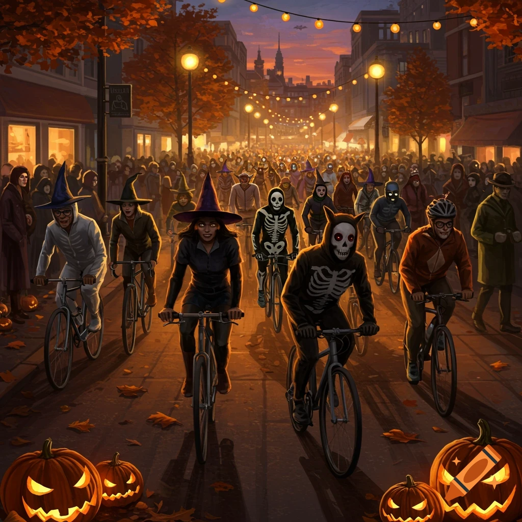 A nighttime Halloween parade with people in costumes like witches and skeletons riding bicycles down an urban street lined with glowing jack-o'-lanterns and autumn trees.