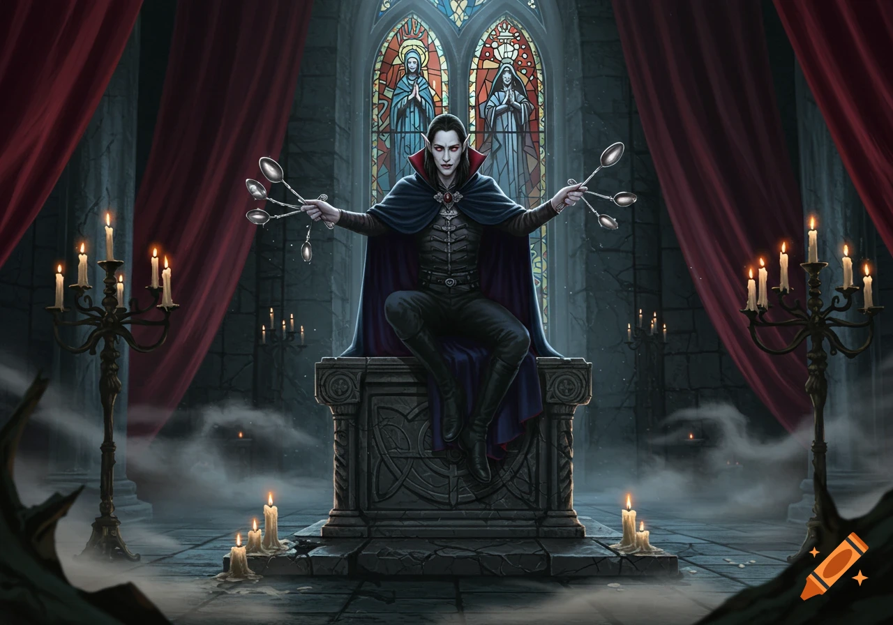 A pale, dark-haired vampire with fangs and red eyes sits on a stone throne in a gothic hall, holding multiple spoons in each outstretched hand, flanked by candelabras and stained glass windows.