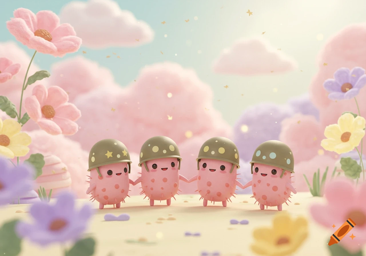 Four cute pink cartoon bacteria soldiers in helmets holding hands in a pastel world with pink flowers and cotton candy clouds, kawaii style.