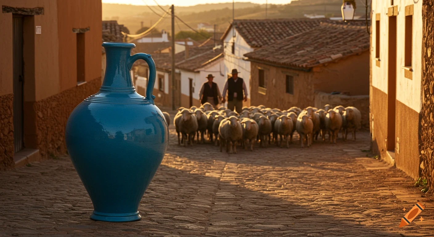 A large, vibrant blue ceramic botijo in the foreground of a cobblestone village street at sunset, with shepherds and a flock of sheep passing in the blurred background. Photorealistic style.